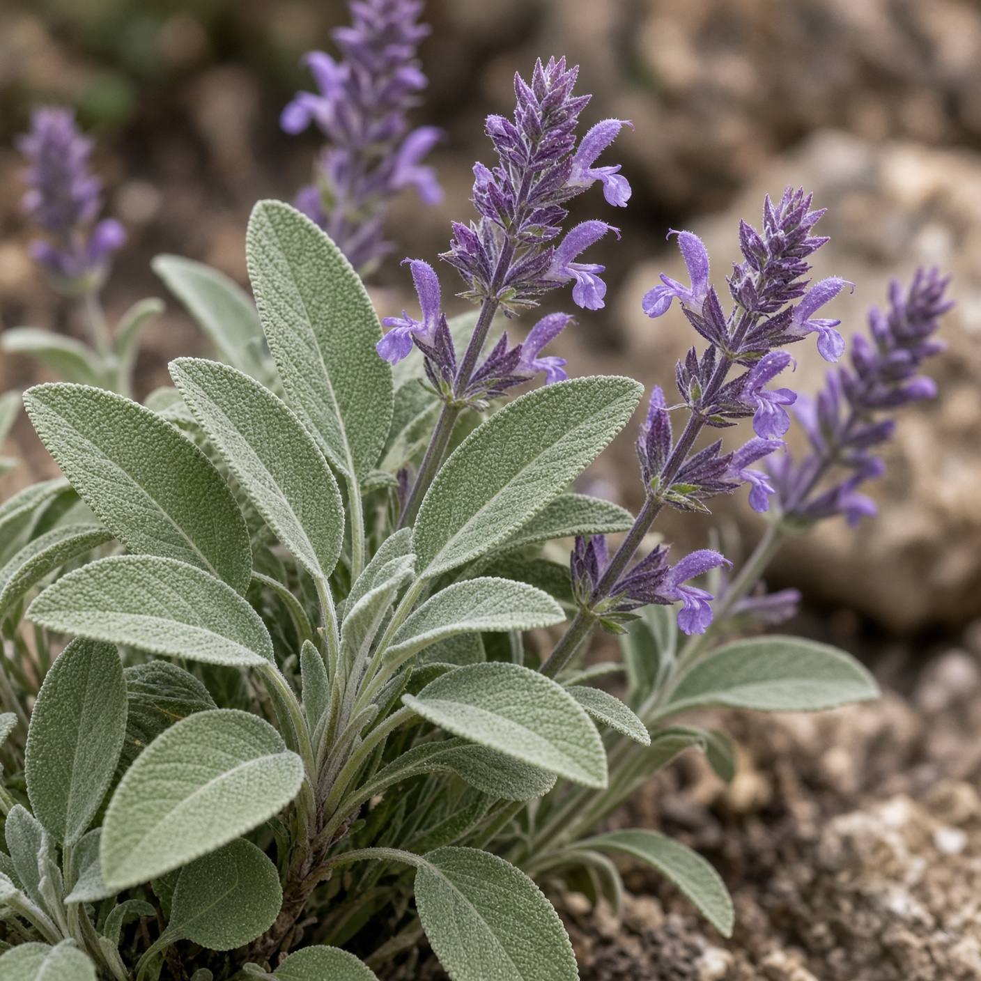 Szare, filcowate liście i fioletowe kwiaty szałwii lekarskiej (Salvia officinalis)
