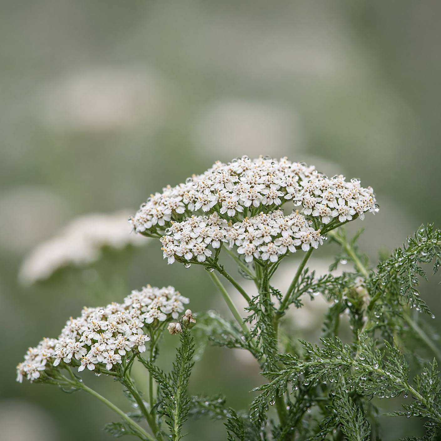 Białe baldachy krwawnika pospolitego (Achillea millefolium) na łące